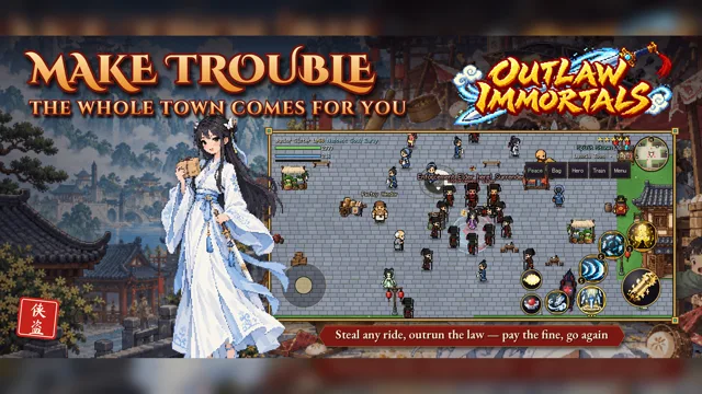 Outlaw Immortals pixel-art gameplay with flying swords and pursuing enforcers